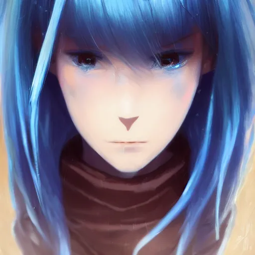 Image similar to full shot of rimuru tempest, sky blue straight hair, long bangs, with amber eyes, wearing a fancy black jacket, high collar, ultra detailed, brush strokes, digital painting, cinematic, wlop artstation, closeup, pixiv, intense, intimidating glare, photorealistic, overpowering, makoto shinkai, rossdraws, andy warhol,