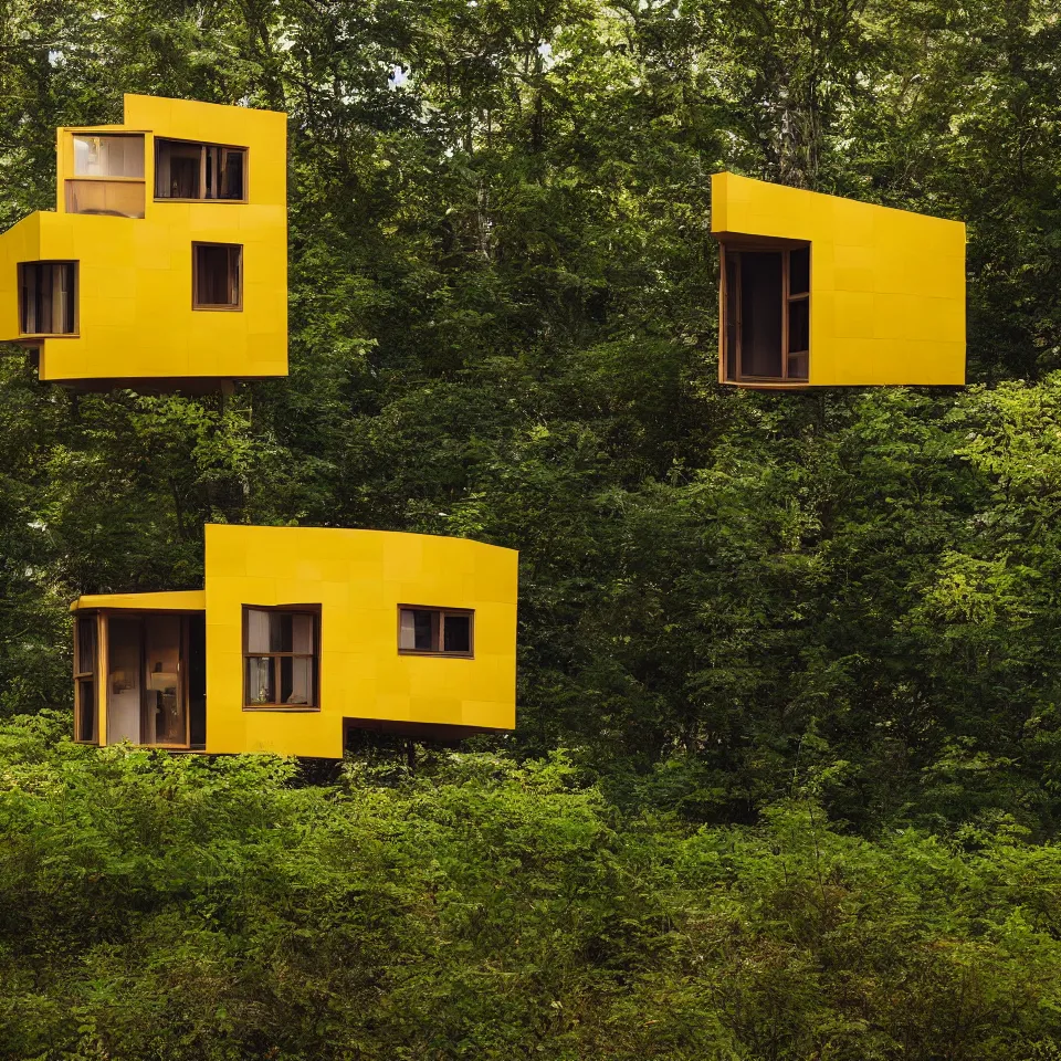 Image similar to a tiny tiny house in clearing, designed by Frank Gehry. Tiles. Film grain, cinematic, yellow hue