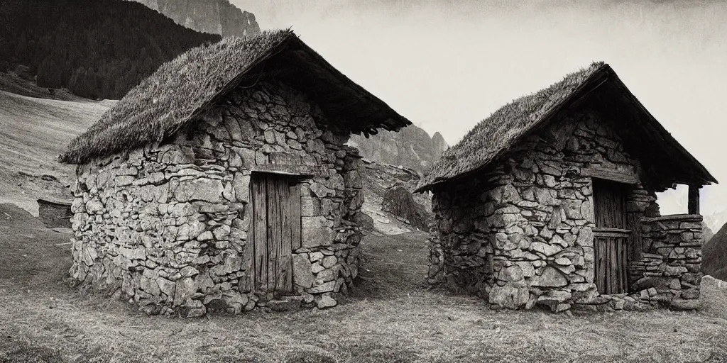 Image similar to 1 9 2 0 s photography of an old farmers hut in the dolomites, farmer tools, wooden cross, bondes, haystack, dark, eerie, grainy