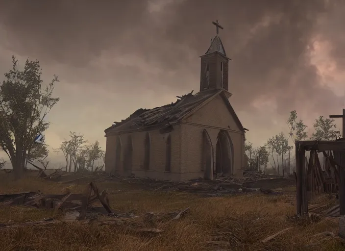 Prompt: a church is violently burning in the ruins of a native american village, burnt huts, bodies on the ground, jesus cross, horror, dramatic lighting, dawn, by caspar david friedrich, unreal engine 5