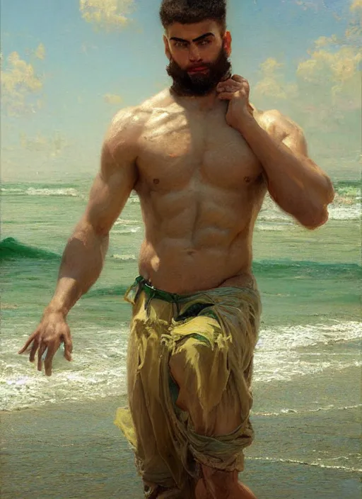 Image similar to detailed cinematic wide shot of muscular attractive young mulatto man beard slim face symmetrical face tanskin green eyes shaved hair wearing sea clothes, ultra realistic, spring light, painting by gaston bussiere, craig mullins, j. c. leyendecker