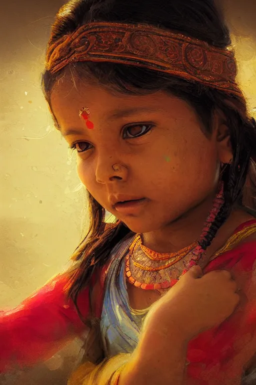 Image similar to hindu little girl, joyful, close - up portrait, intricate, elegant, volumetric lighting, scenery, digital painting, highly detailed, artstation, sharp focus, illustration, concept art, ruan jia, steve mccurry