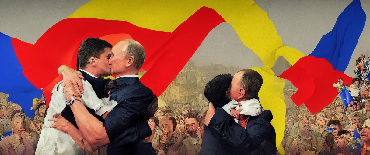 Image similar to volodymyr zelensky hugging and kissing vladimir putin, dramatic torn ukraine and russian flag in the backround, hd artstation, igor v babailov, joan baez, dean cornwell, norman rockwell, ilya kuvshinov, j c leyendecker, victo ngai, mc clelland barclay, cinematic, wide angle shot