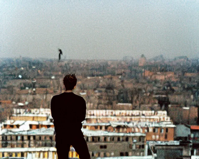 Image similar to lomo photo of man standing on the roof of soviet hrushevka, small town, cinestill, bokeh, out of focus