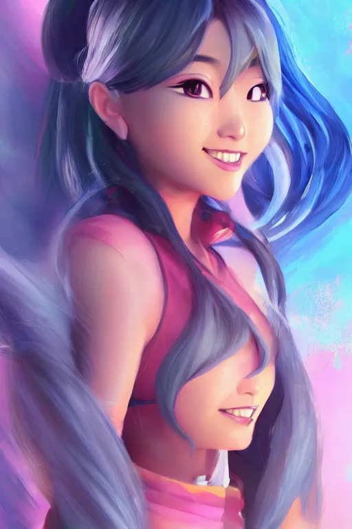 Image similar to a painting of cute Asian girl smiling, flowing hair, futuristic clothes, in the style of Pixar animation, low angle view, 16mm lens, award winning, hyper detailed, dramatic lighting, artstation, octane renderer, unreal engine