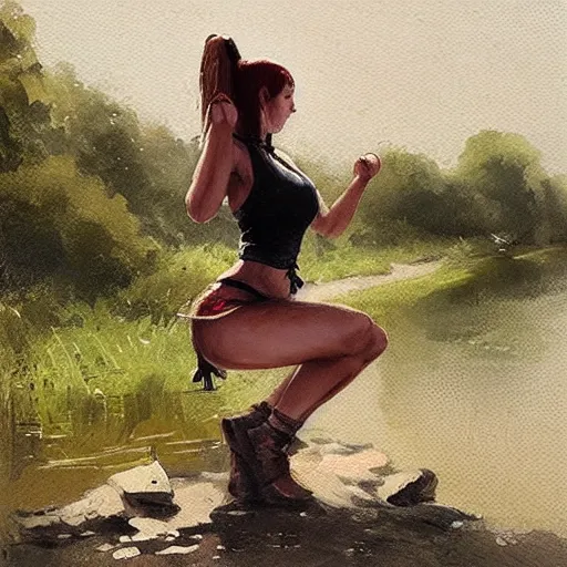 Prompt: slavic girl squats by the river, greg rutkowski