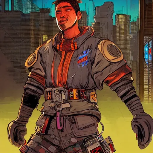 Image similar to Hector. Apex legends nimble cyberpunk kickboxer. Concept art by James Gurney and Mœbius.