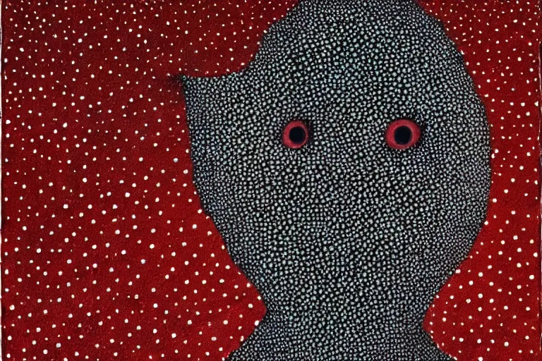 Image similar to face made out of mist, faceless people dark, dots, drip, stipple, pointillism, technical, abstract, minimal, style of francis bacon, asymmetry, pulled apart, cloak, hooded figure, made of dots, abstract, balaclava, red dots