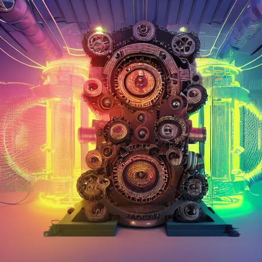 Image similar to album art, album is called tripmachine, tripmachine, photo of a huge futuristic steampunk machinery with gears and belts, many tubes and cables, 8 k, fluorescent colors, halluzinogenic, multicolored, exaggerated detailed, front shot, 3 d render, octane