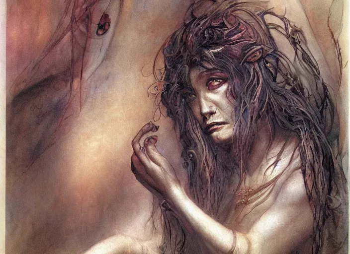 Image similar to portrait of diety of flame, beautiful! coherent! by brom, by brian froud, deep color, strong line, high contrast