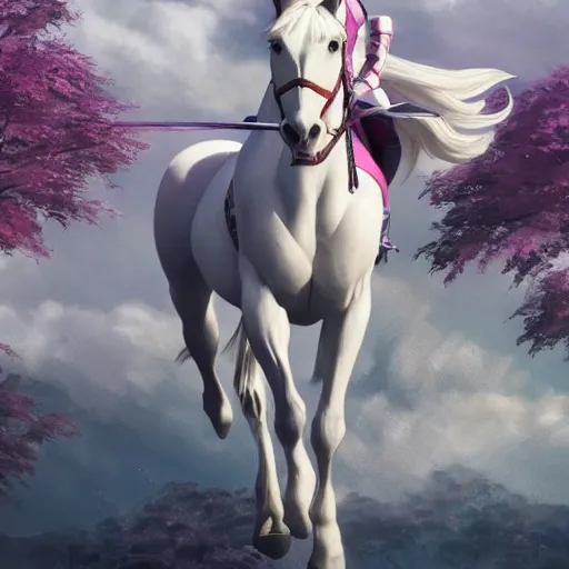 Prompt: a white horse as the pink power ranger in the style of makoto shinkai zhaoming wu, john collier, albert aublet, cedric peyravernay. sharp focus, semi - realism, intricate detail. unreal engine, octane rendering