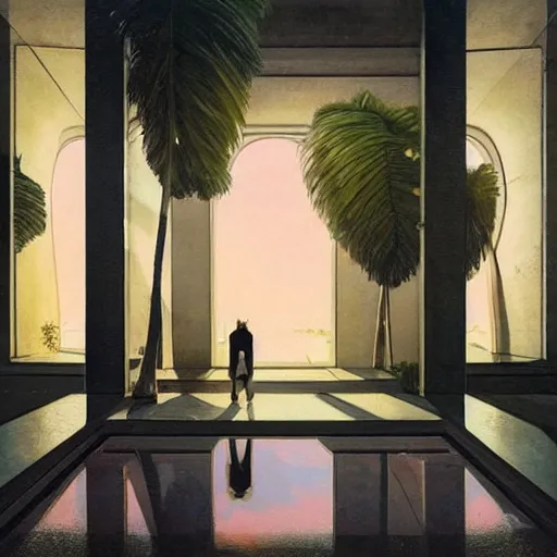 Prompt: indoor liminal space, astronaut, golden light, greg rutkowski, palm trees, pink door, minimalistic, hyperrealistic surrealism, award winning masterpiece with incredible details, epic stunning, infinity pool mirrors, a surreal vaporwave liminal space with mirrors, highly detailed, trending on artstation, artgerm and greg rutkowski and alphonse mucha, daily deviation