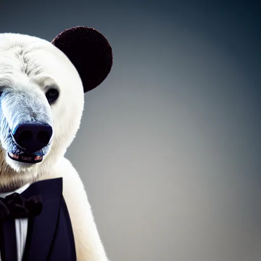 Prompt: a polar bear wearing a monocle and wearing a top hat and wearing a tuxedo, holding a cane, hd photography