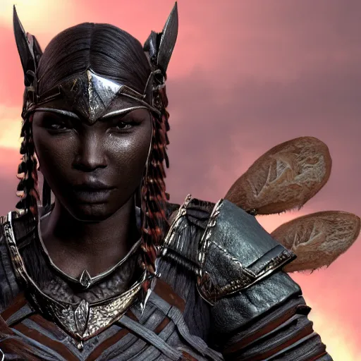 Prompt: ebony warrior woman from skyrim, elder scrolls, ebony chainmail, photo realistic, 8k