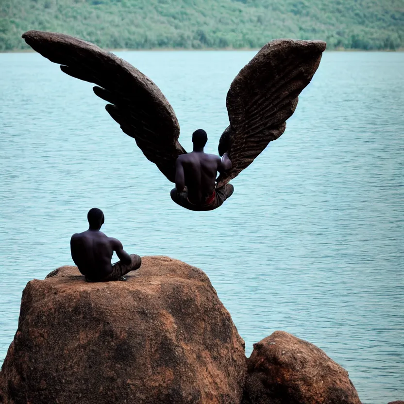 Image similar to an african man with wings sitting upon a large rock in the middle of a calm lake.