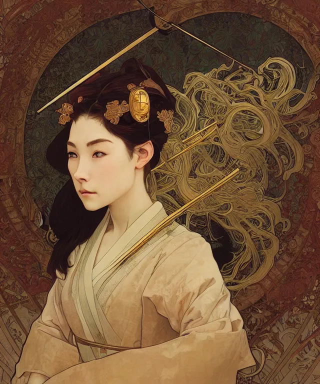Image similar to realistic hyper detailed portrait of a samurai warrior by Alphonse Mucha and Charlie Bowater and art germ, rule of thirds, golden ratio, portrait style with the subject in the middle of the frame