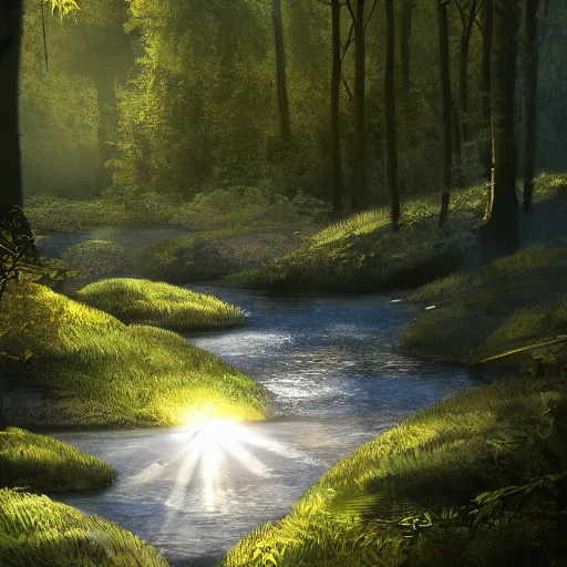 Image similar to a winding river through a dense forest, sunlight filtering through the leaves, trending on artstation