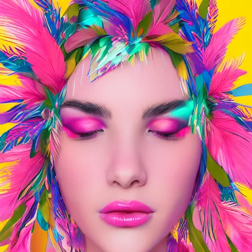 Image similar to a divine feminine woman, pink hair, rosey cheeks, sparkles on eyelids, surrounded by lush flowers and feathers in bright abstract colours, ultra realistic digital painting, artstation, concept art, pop, smooth, sharp focus, illustration, art by dean corwell 3 d 8 k ultra detailed