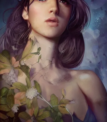 Image similar to beautiful portrait of an insanely gorgeous woman with blue eyes, brown hair and a perfect body, character design by charlie bowater, ross tran, artgerm, and makoto shinkai, detailed, soft lighting, rendered in octane