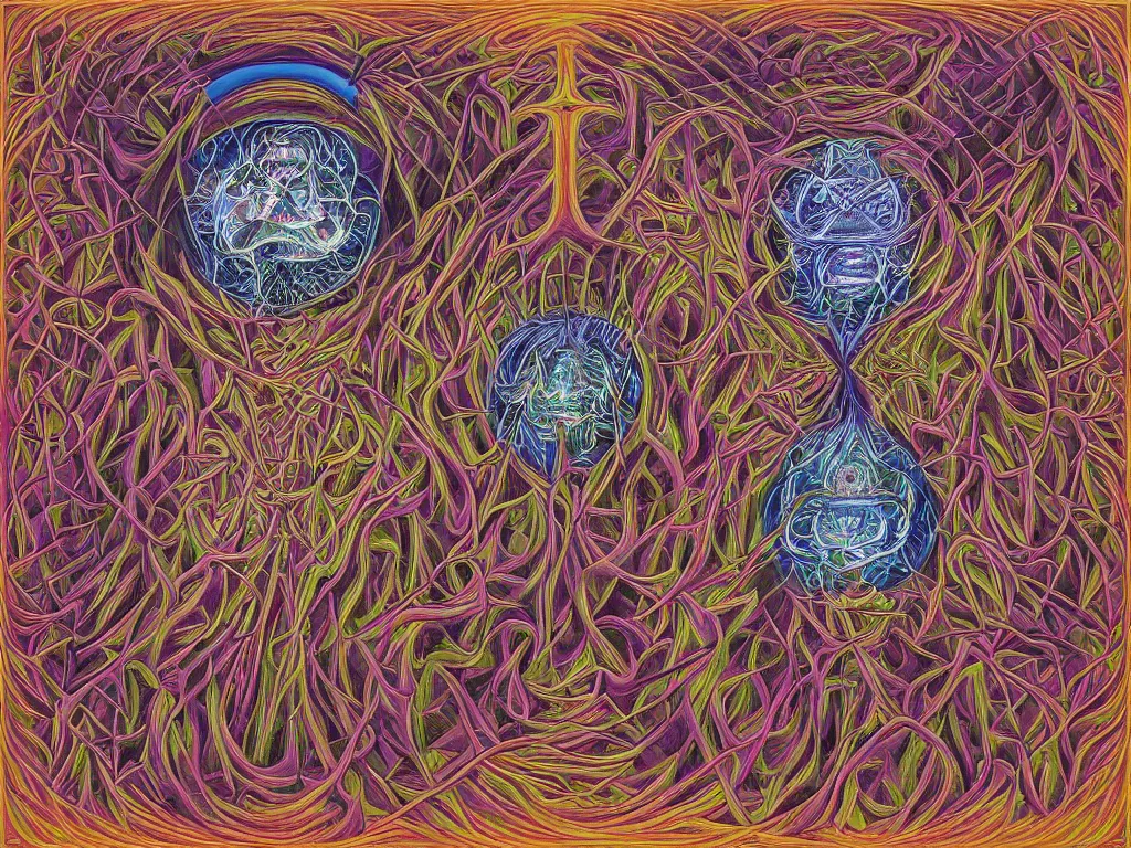 Prompt: expression of mind-matter interaction through death by Alex Grey and M. C. Escher collaboration, digital painting, Groundcore