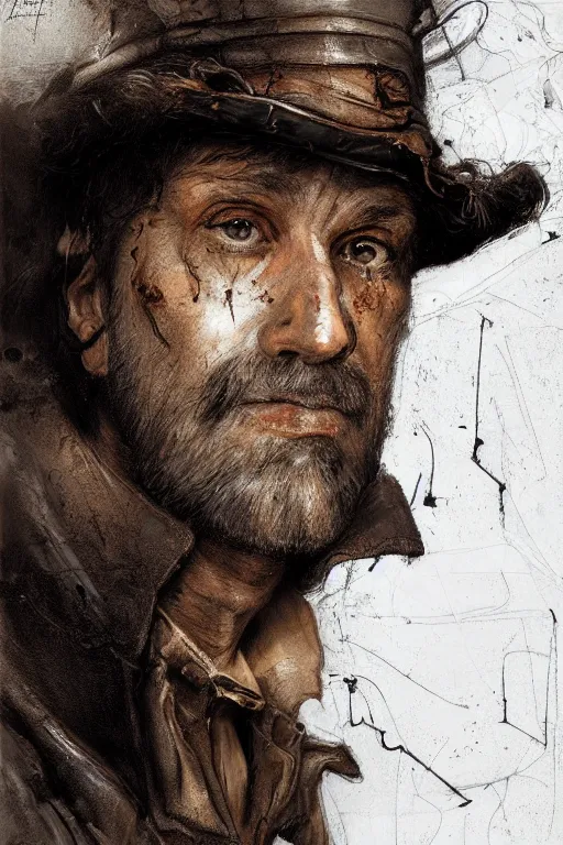 Prompt: portrait, headshot, digital painting, 40's adventurer, middle aged, wrinkled, dark hair, fedora, stained dirty clothing, leather bomber jacket, realistic, hyperdetailed, concept art, chiaroscuro, art by rembrandt