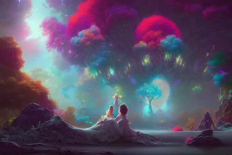 Image similar to a psychedelic realm made entirely out of love and acceptance, astral beings sharing love!!!!, in the style of greg rutkowski! and wlop and lisa frank! and bob ross!!! and ruan jia, illustration, epic, fantasy, hyper detailed, smooth, unreal engine, sharp focus, ray tracing