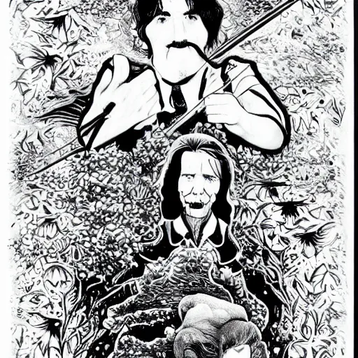 Image similar to black and white pen and ink!!!! Twin Peaks Black Lodge goetic George Harrison golden!!!! Vagabond!!!! floating magic swordsman!!!! glides through a beautiful!!!!!!! floral!! battlefield dramatic esoteric!!!!!! pen and ink!!!!! illustrated in high detail!!!!!!!! by Koyoharu Gotouge and Hiroya Oku!!!!!!!!! graphic novel published on 2049 award winning!!!! full body portrait!!!!! action exposition manga panel black and white Shonen Jump issue by David Lynch eraserhead and Frank Miller beautiful line art Hirohiko Araki