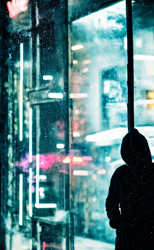 Image similar to a hooded cyborg smoking a cigarette outside of a windowed storefront, neon lights reflecting, pouring rain, high contrast, faded colors, depth of field, detailed 8k sci-fi portrait