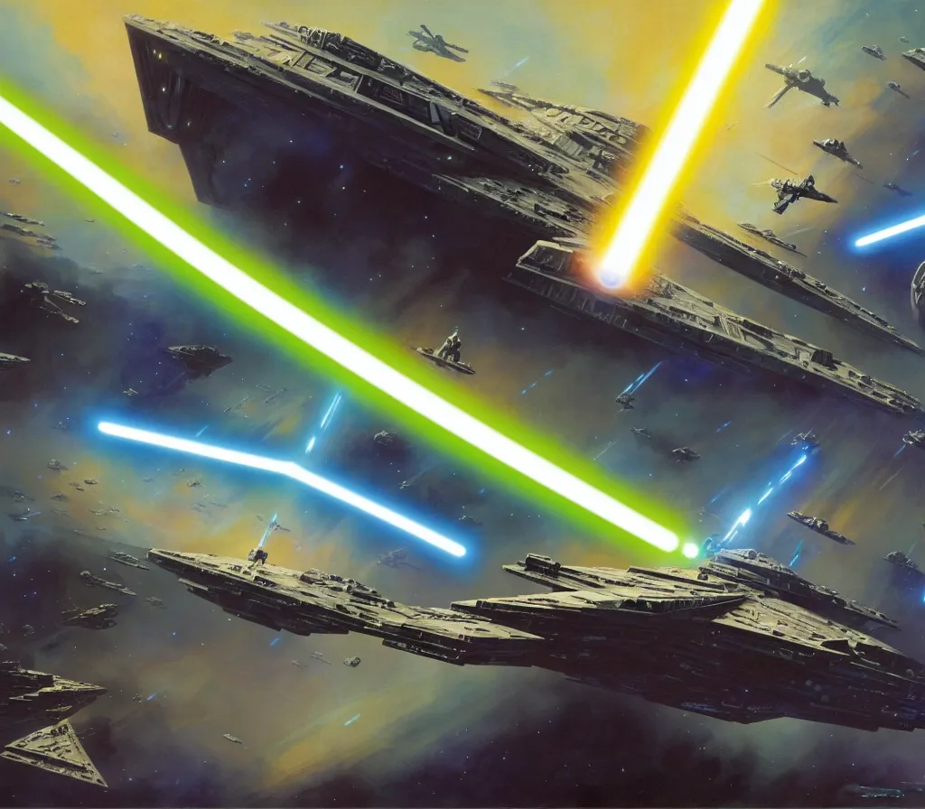 Image similar to ! dream a jedi with a bright blue lightsaber trying to bring down a star destroyer with the force, epic proportions, award winning collaborative painting by geg ruthowski, craig mullins, vincent di fate, john berkey, michael whelan, collaborative artwork, exquisitely high quality and detailed