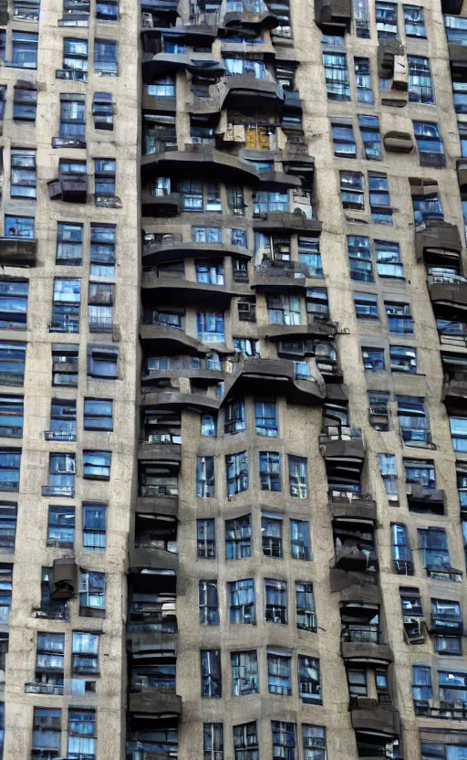 Image similar to giant monster with apartment in its chest, humans looking out from the windows embedded in the monster's chest, living apartment building, apartment building in the shape of a monster, monster made of apartment building