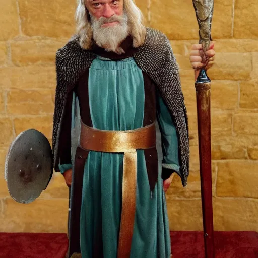 Image similar to donald tusk in medieval times look like merlin magic spells costume high details cinematic mood