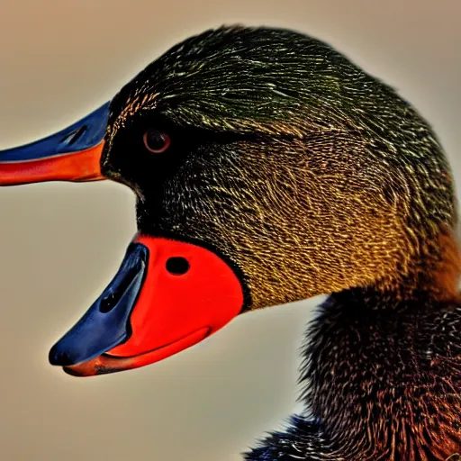 Image similar to an extremely close - up photograph of a duck, looking at the camera lens