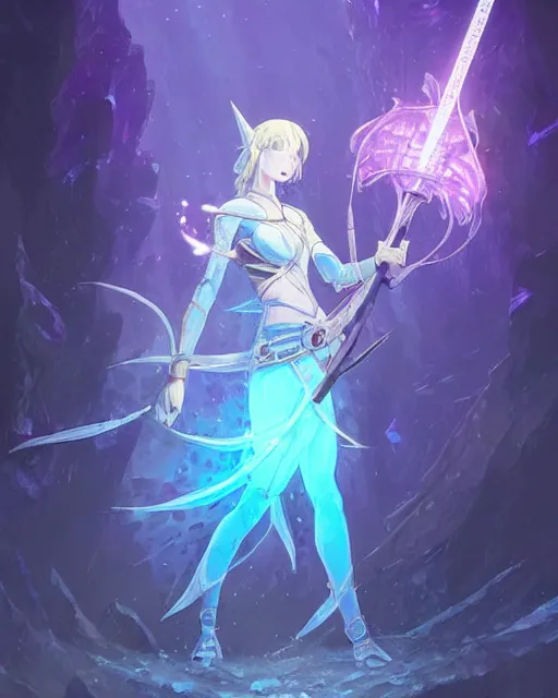 Prompt: a female warrior holding one single blue glowing sword walking in a cake full of purple glowing crystals. Atmospheric lighting, adventurous, elven. By Makoto Shinkai, Stanley Artgerm Lau, WLOP, Rossdraws, James Jean, Andrei Riabovitchev, Marc Simonetti, krenz cushart, Sakimichan, trending on ArtStation, digital art.