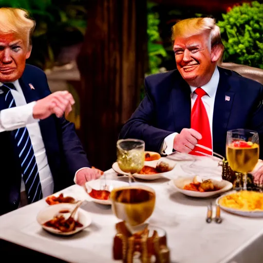 Prompt: Trump and Biden having dinner at a fancy Balinese restaurant, award winning photography, 85mm, perfect faces, zoom