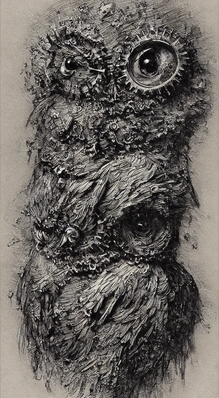 Image similar to Gustave Doré, Jean-Baptiste Monge and Alex Ross a artwork of leonardo da vinci portrait sketch of clockwork steampunk owl character