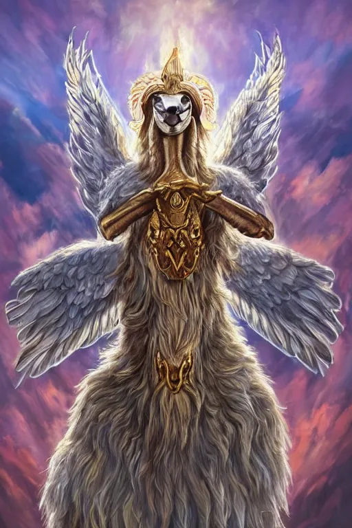 Image similar to A beautiful fierce llama angel with wings, wearing metal battle armor and a flaming sword, among heavenly sunlit clouds, close-up, intricate anthro llama portrait, elegant, digital painting, golden hour photo, cinematic, trending on artstation, anthro concept art, smooth, sharp focus, llama, illustration, art by artgerm and Greg Rutkowski and Alphonse Mucha, daily deviation, llama