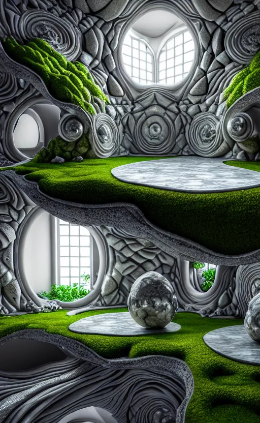 Image similar to highly detailed ultra sharp 3 d render villa interior cinematic composition of a smooth ceramic porcelain biomorphic magnolia stone nebula fluid fractal sci - fi surreal architecture landscape, granite, metallic, magnesium, marble, moss and lichen, vincent callebaut composition, mamou - mani, archviz, beautiful lighting, 8 k, unreal engine, hdr,