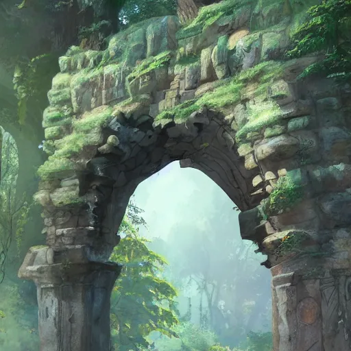 Image similar to concept art painting of an ornate ancient stone archway, in the woods, realistic, detailed, cel shaded, in the style of makoto shinkai and greg rutkowski and james gurney