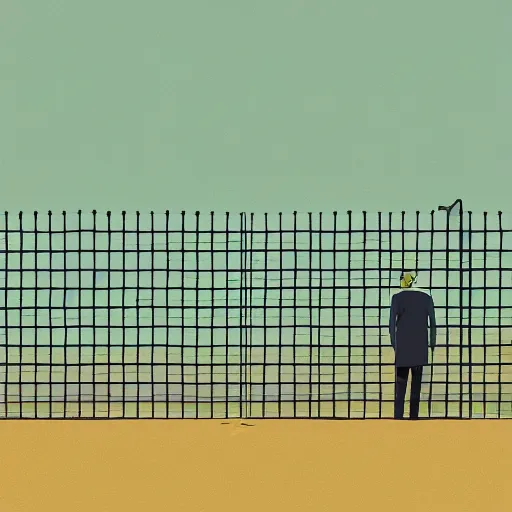 Image similar to a matte painting of a a man standing in front of a wire fence by emiliano ponzi, james gilleard, george ault, david hockney, minimalist, bauhaus, retrofuturism, postminimalism, concept art, matte background, matte drawing, magical realism