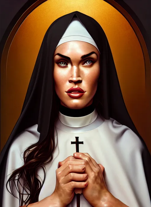 Image similar to portrait of megan fox as an overweight sultry nun, catholic, church, bible, christianism, praying, intrigante, headshot, highly detailed, digital painting, artstation, concept art, sharp focus, cinematic lighting, illustration, art by artgerm and greg rutkowski, alphonse mucha, cgsociety