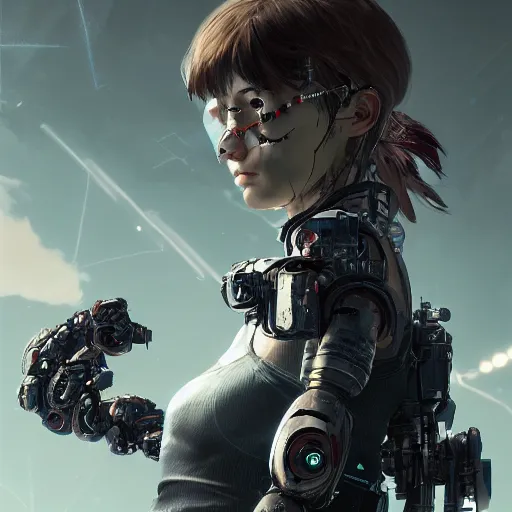 Image similar to highly detailed portrait of a post-cyberpunk young lady by Akihiko Yoshida, Greg Tocchini, 4k resolution, death stranding inspired, fragile