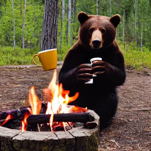 Prompt: a candid photo of a bear holding a cup, drinking a coffee, by the campfire, standing up