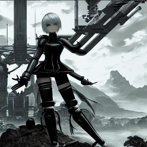 Prompt: a beautiful portrait of Nier Automata in a science fiction environment by ansel adams