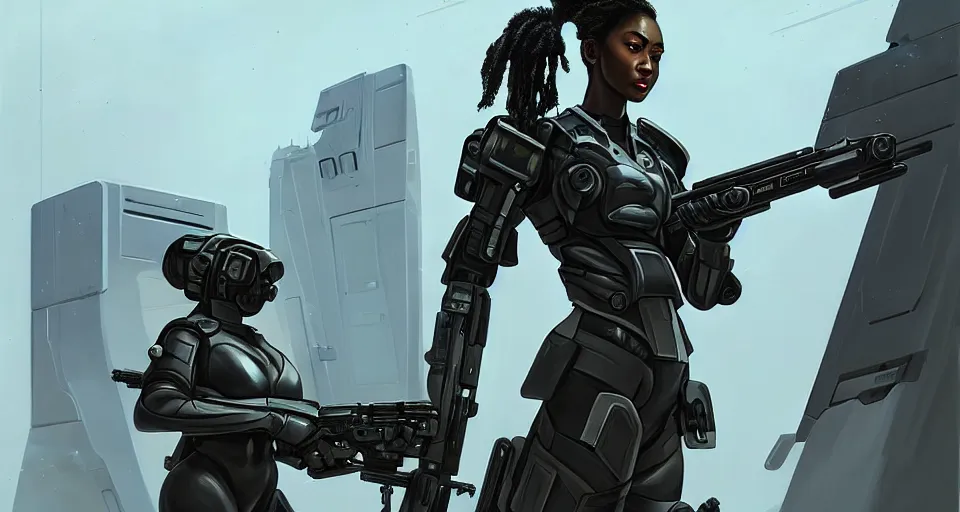 Image similar to a photorealistic painting of an attractive young ebony girl, clothed in stealth-battle armor with a giant sci-fi sniperrifle in her hands, a futuristic hover-tank with heavy laser-turret on the right, intricate details, elegant, digital painting, illustration, sharp focus, minimal artifacts, from Metal Gear, in the style of Ruan Jia and Mandy Jurgens and Greg Rutkowski, trending on Artstation, award winning, unreal engine, octane render