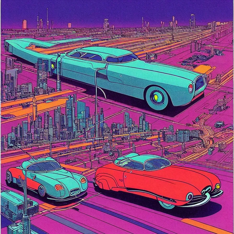 Prompt: ( ( ( ( 1 9 5 0's classic car driving on cyberpunk highway ) ) ) ) by mœbius!!!!!!!!!!!!!!!!!!!!!!!!!!!, overdetailed art, colorful, artistic record jacket design