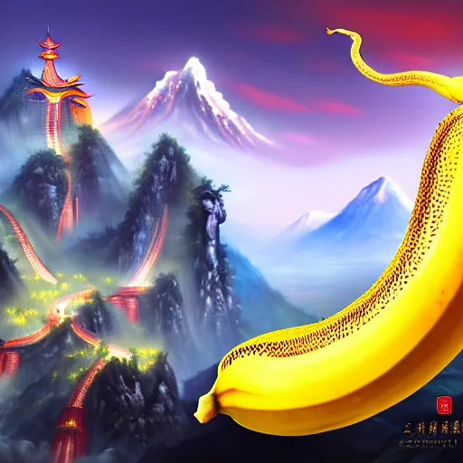 Image similar to Chinese president, bananas weapon, battle the dragon, centered, highly detailed, mountains, epic composition, background, fantasy art, 8k