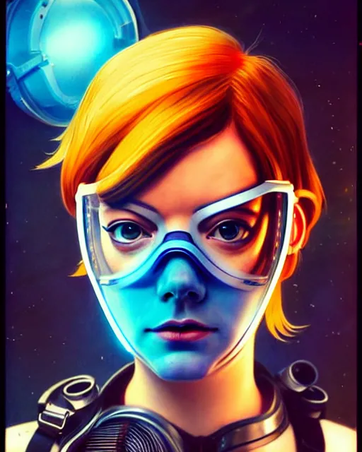 Prompt: emma stone as tracer from overwatch, see through glass hologram mask, character portrait, portrait, close up, concept art, intricate details, highly detailed, vintage sci - fi poster, retro future, vintage sci - fi art, in the style of chris foss, rodger dean, moebius, michael whelan, and gustave dore