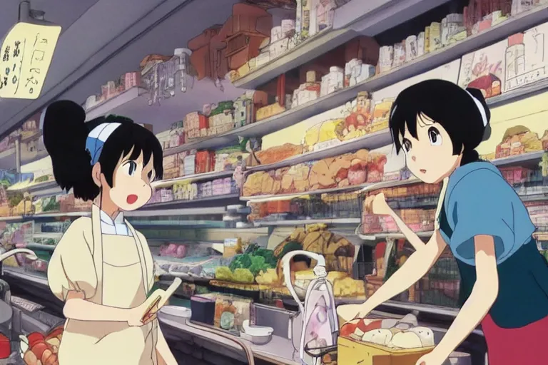 Image similar to studio ghibli anime film about a girl and her best friend panda working at a deli, miyazaki movie