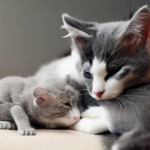 Prompt: calico cat grooming her newborn grey kitten