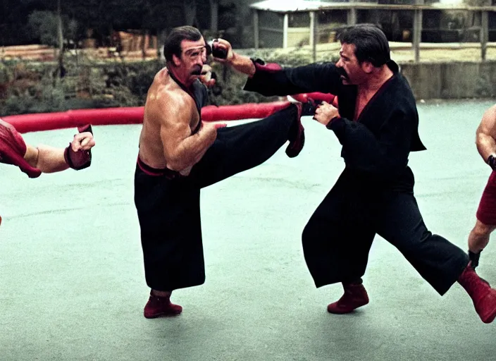 Image similar to film still of Tom Selleck and Charles Barkley fighting Ninjas in the new Bloodsport movie, 8k